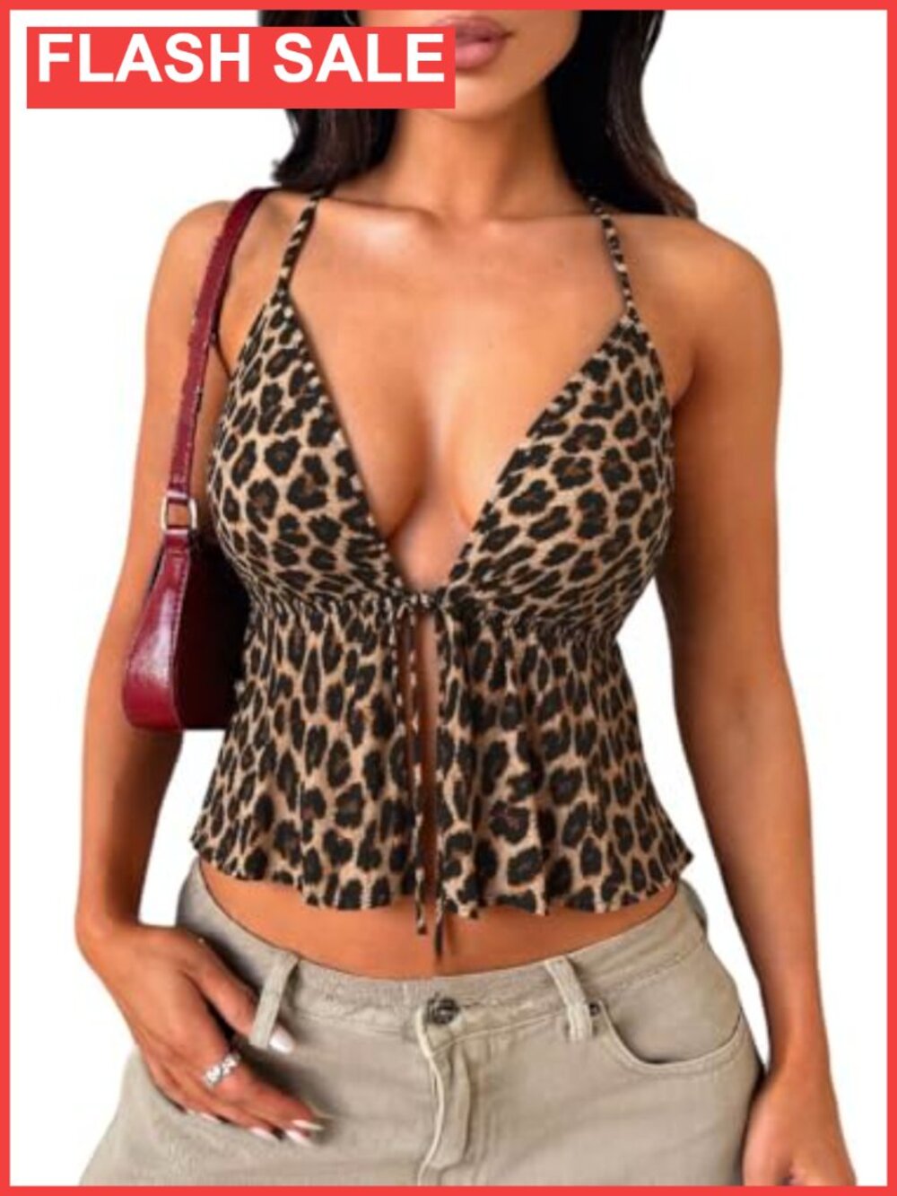 Y2K Leopard Print Halter Top Tie Front Backless Ruffle Beach Crop Going Out